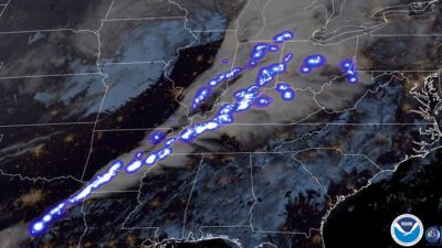 A view from NOAA's GOES-16 satellite taken at 11:46 pm CST on December 10, 2021 of the tornado outbreak across the central and southern U.S. NOAA's National Weather Service (NWS) confirmed 61 tornadoes as of December 18, with several long-track tornadoes.