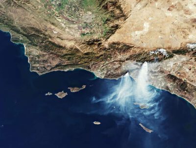 This satellite image shows smoke from the Palisades and Eaton Fires spreading over the region on January 9, 2025. Credit: ESA